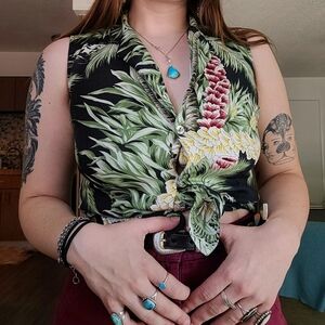 Tommy Bahama Black and Green Tropical Button Down Shirt